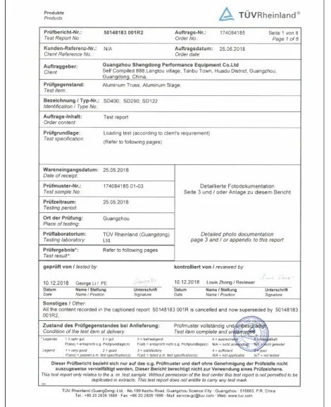 TUV Rheinland Test Report Cover Page (Aluminum Truss / Stage)