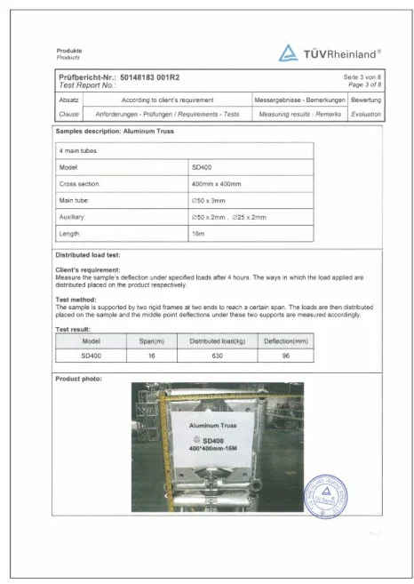 TUV Test Report: SD400 Aluminum Truss Loading Test
