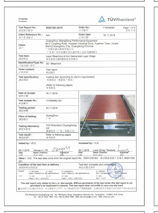 TUV Test Report: Layer Bleachers & Iron Galvanized Layer Stage Cover Page