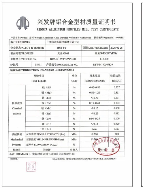 Xingfa Aluminium Profiles Mill Test Certificate