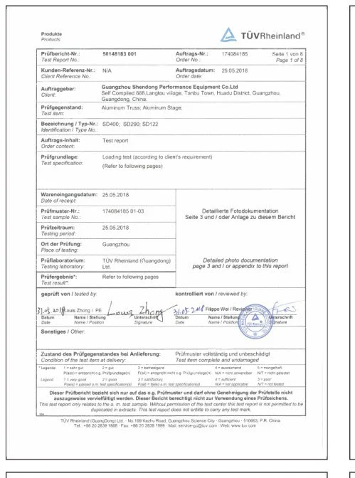 TUV Rheinland Test Report No. 50148183 001 (Cover Page)