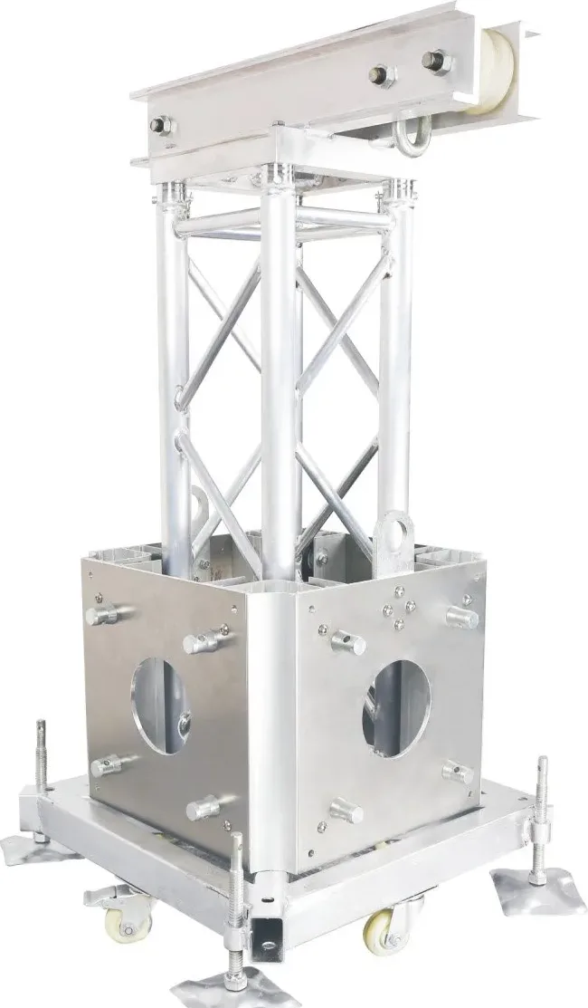 Spigot truss lifting tower with top pulley beam, sleeve block and wheeled base with outriggers