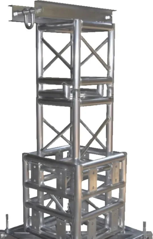 Assembled bolt truss lifting tower with top beam, sleeve block section and floor base plates