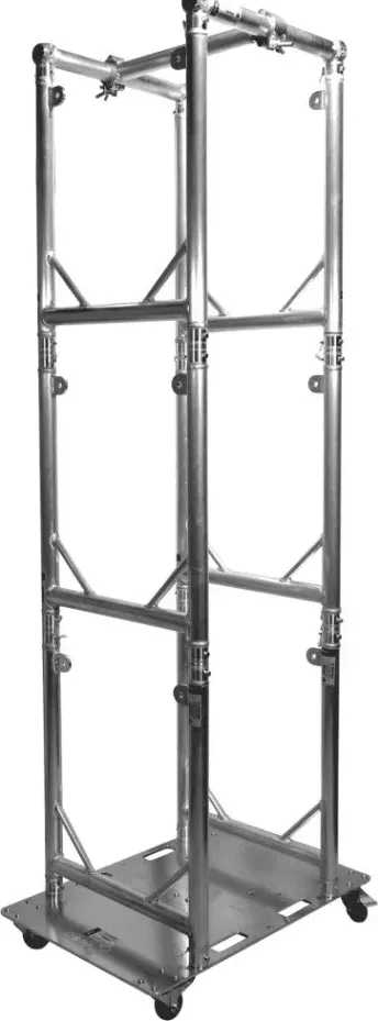 Silver aluminum U-Truss tower assembled on a wheeled steel base plate