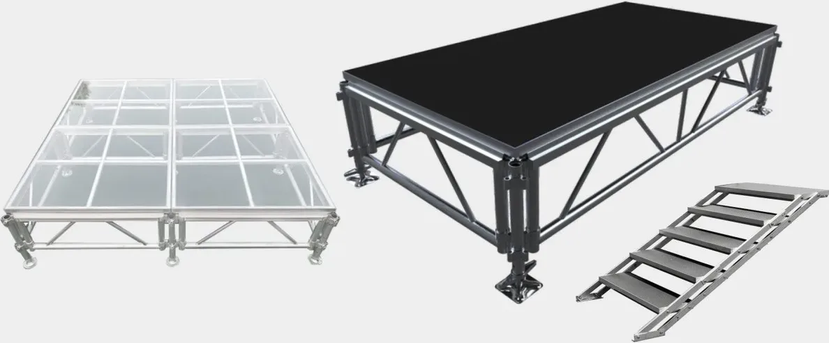 Aluminum stage platforms with tempered glass top and black plywood top, shown with an aluminum stage stair