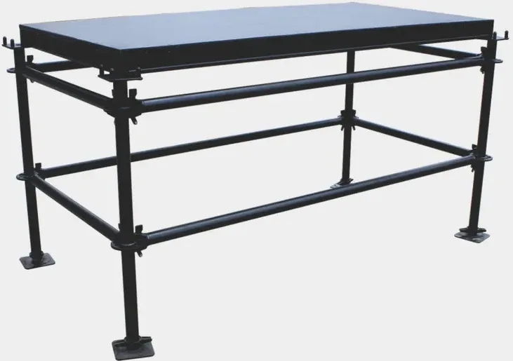 Black layer stage unit built from steel pipe frame with a black stage board on top