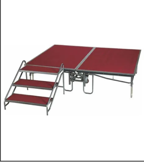 Red carpeted foldable stage unfolded with a three-step stair attached