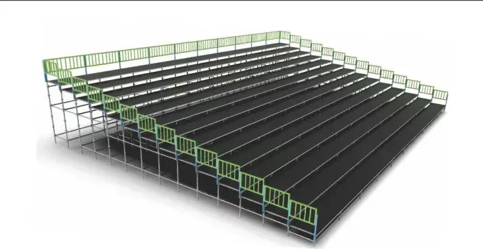 Multi-tier aluminum choir stage risers with green guardrails