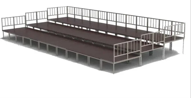 Brown plywood choir stage riser with aluminum guardrails on all sides