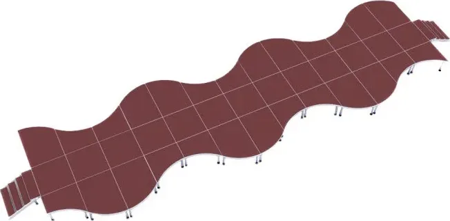 Wave-shaped dark red catwalk stage on adjustable legs