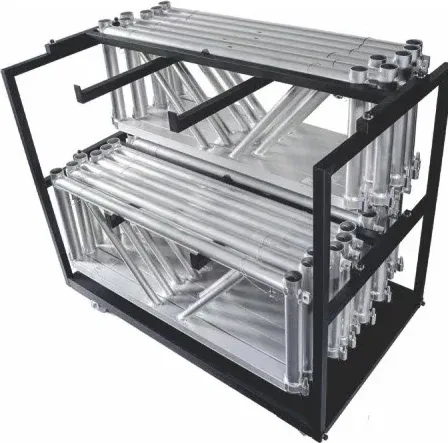 Black steel trolley holding folded aluminum stage stairs