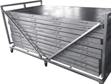 Aluminum trolley loaded with stacked stage platform decks