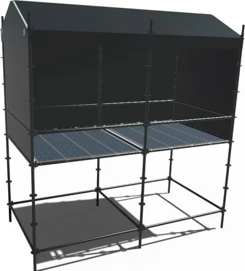 Two-bay black layer truss small tent with pitched roof and raised deck