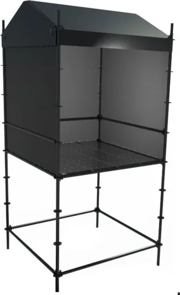 Single-bay layer truss small tent with peaked black roof canopy