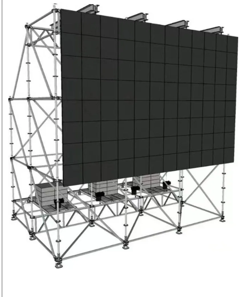 Galvanized layer truss ground support structure holding a large LED video screen with counterweights