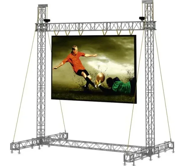Rendering of an inverted-U gantry truss structure holding a large LED screen with guy wires