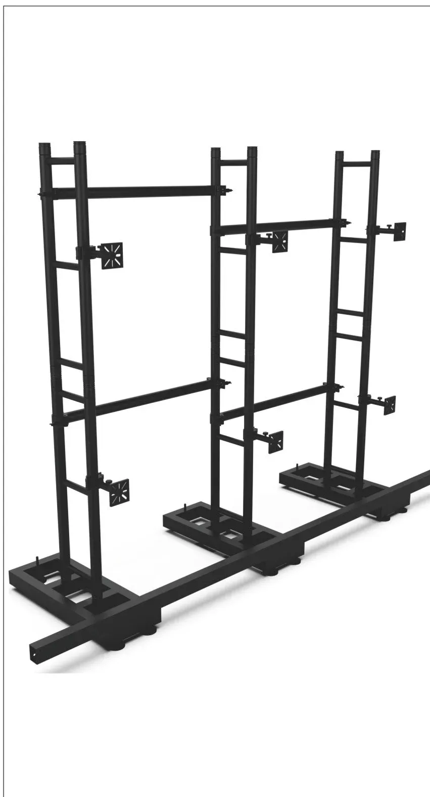 Three black LED ground support towers with mounting plates standing on twin base rails