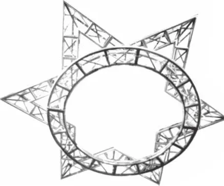 Star-outline truss frame with a circular truss ring inside