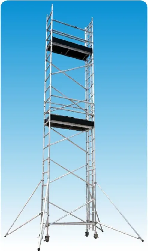 Tall single-width aluminum ladderspan scaffold tower with two platforms, outriggers and casters