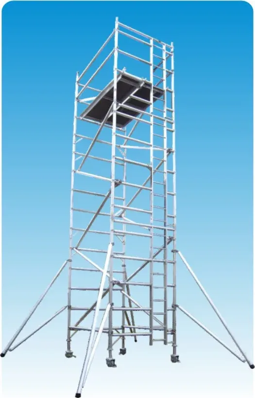 Double-width aluminum ladderspan scaffold tower with work platform, outriggers and casters