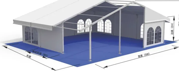 3D rendering of a white A-roof canopy tent with exposed aluminum gable frame on a blue floor