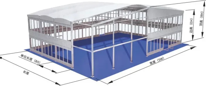 3D rendering of a large two-story air film flat roof tent structure with aluminum columns on a blue floor