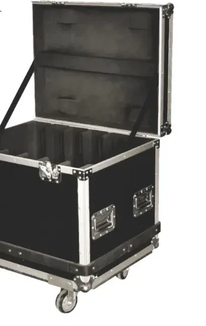 Black flight case on casters with lid open, aluminum edging and butterfly latches