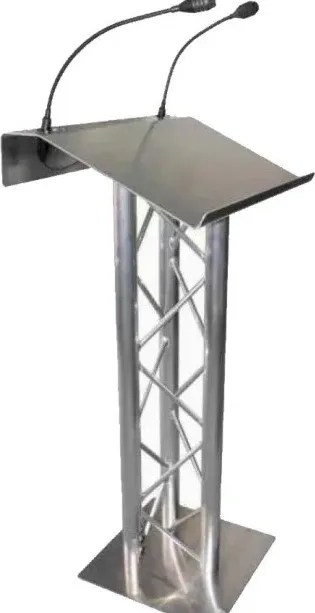 Aluminum truss lectern with gooseneck microphones and slanted top
