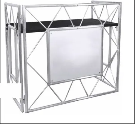 Aluminum truss booth table with black top and front panel