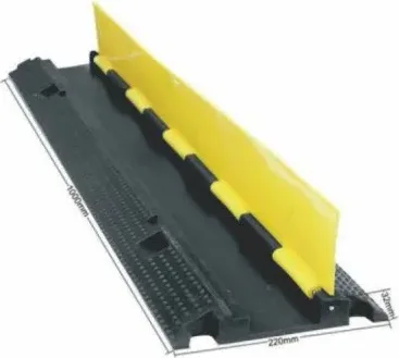 Black rubber cable ramp with open yellow PVC cover, single channel