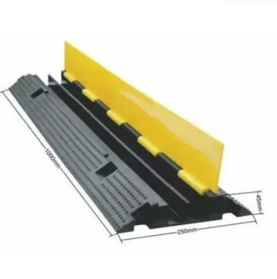 Black rubber cable ramp with open yellow PVC cover, two channels