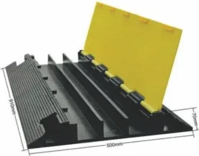 Wide black rubber cable ramp with open yellow PVC cover, three channels