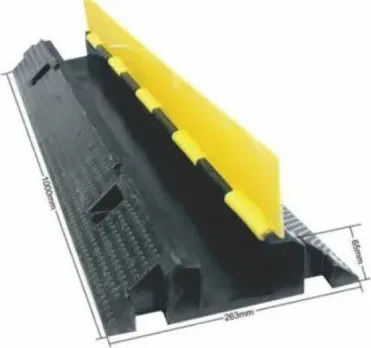 Black rubber cable ramp with open yellow PVC cover, single large channel