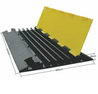 Wide black rubber cable ramp with open yellow PVC cover, four channels
