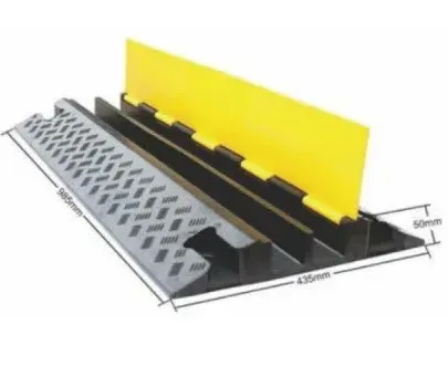 Wide black rubber cable ramp with yellow PVC cover, two channels