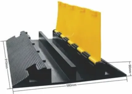 Wide black rubber cable ramp with raised yellow PVC cover, two channels