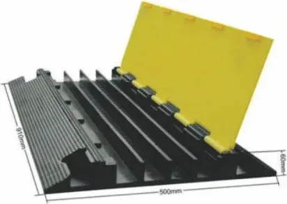 Wide black rubber cable ramp with open yellow PVC cover, five channels
