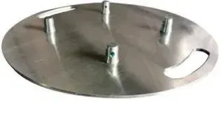 Circular steel base plate with spigot posts and handle cutouts