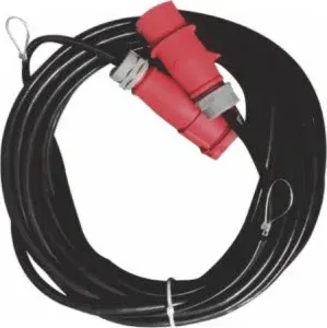 Coiled electric hoist power cable with red industrial connectors